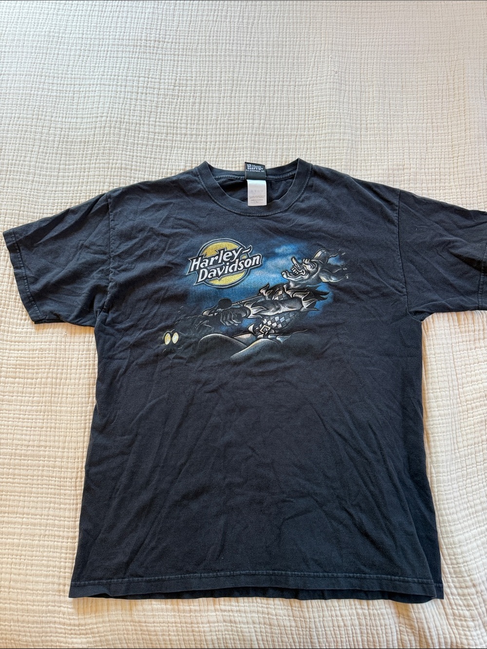 Harley-Davidson Black Tee with Blue and Yellow Moon Graphic